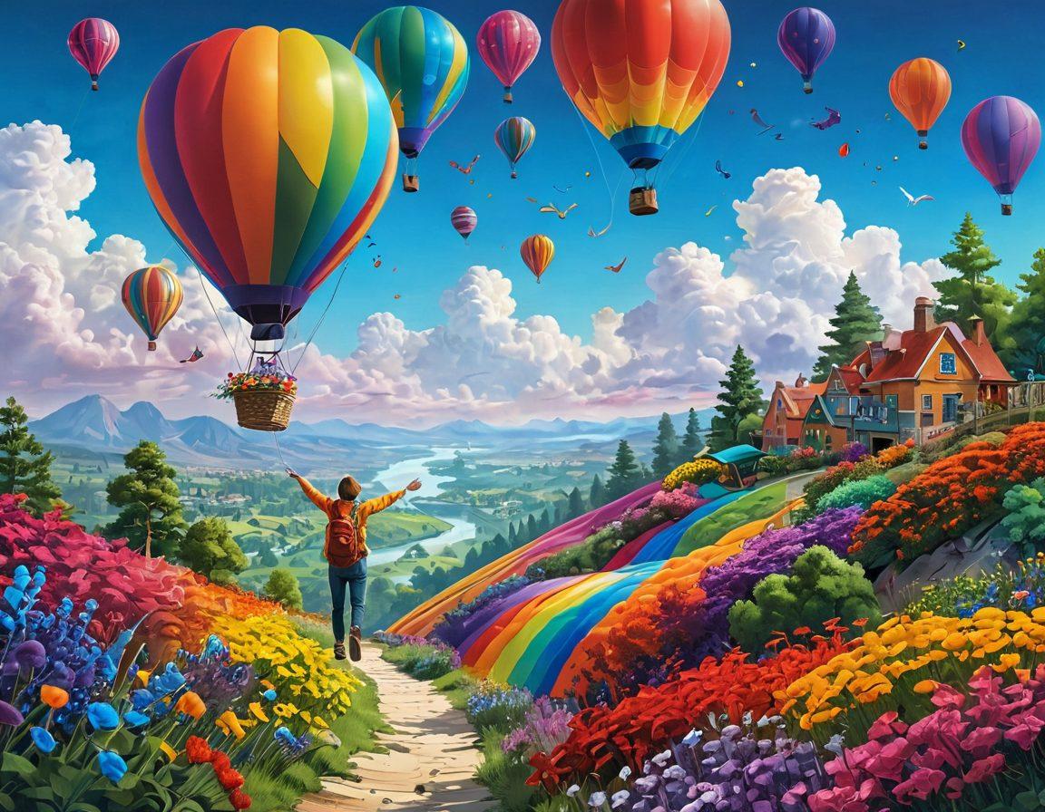 A vibrant scene depicting a person on a colorful journey, ascending from a mundane gray cityscape into a lush and radiant landscape full of flowers, bright skies, and playful wildlife. The character looks ecstatic as they embrace the vibrant atmosphere, symbolizing growth and transformation. Include elements of adventure like a rainbow, balloons, and whimsical trees. surreal style. vibrant colors. 3D.