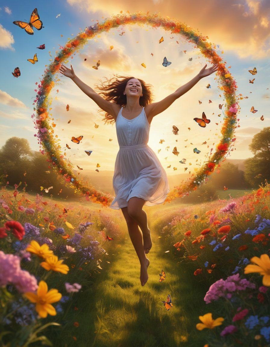 A vibrant, uplifting scene featuring a person joyfully leaping in a sunlit meadow, surrounded by colorful flowers and butterflies, symbolizing freedom and happiness. In the background, a radiant sunrise casts golden light, suggesting new beginnings and energy. Ethereal wisps of light spiral around them, representing secrets to a supercharged life. super-realistic. vibrant colors. bright background.