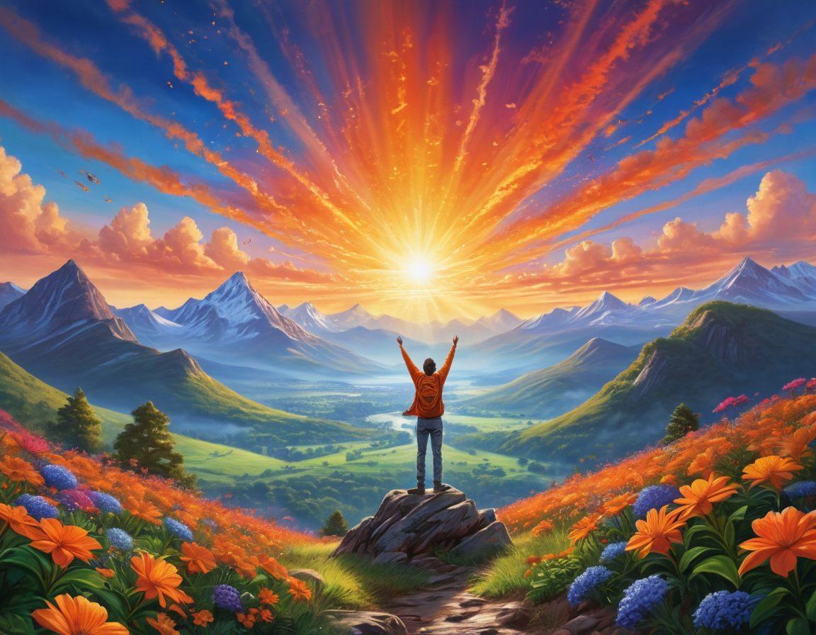 A vibrant sunrise illuminating a serene landscape, where a person stands atop a mountain, arms raised in triumph. Surrounding them are bursts of colorful energy symbols representing joy, positivity, and mindfulness. The sky transitions from warm oranges to deep blues, symbolizing the journey of cultivating happiness. Lush greenery and flowers create a sense of tranquility and growth. super-realistic. vibrant colors. inspirational atmosphere.